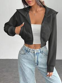 SHEIN PETITE Women Solid Color Front Zipper Long Sleeve Pocket - Dark Grey - View 7