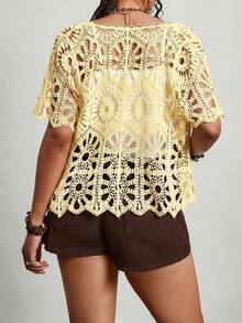 Comfylo 大尺碼女款夏季杏色鏤空羊毛開襟衫，短袖附肩帶 - 淡黃色 - 查看 2