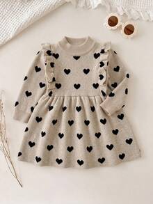SHEIN Baby Girl Heart Jacquard Cute Ruffle Pleated Sweater Autumn Winter Dress - Khaki - View 1