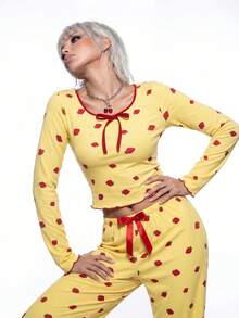 AltBold Strawberry Print Long Sleeve Top & Pants Pajama Set, Fall Winter Clothes - Yellow - View 5