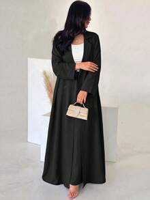 Yasmyna Women's Solid Color Long Sleeve Robe And Pleated Skirt Casual Daily Arabic Outfit - Black - View 5