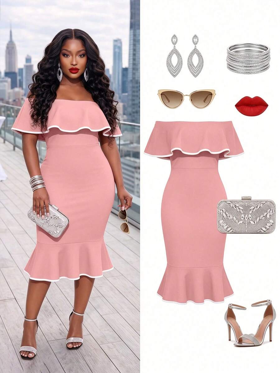 Poshavie Poshavie Women's Elegant Party Daily Wedding Date Oblique Off Shoulder Strapless Mermaid Ruffle Hem Fitted High Waist Contrast Color Dress - Pink - View 1