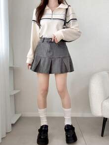 FRIFUL 女款半鈕扣 Polo 領寬鬆版型拼接色 T 恤，藍白條紋，秋季休閒學院風，適合返校、教師、日常上學穿搭 - 白色 - 查看 3