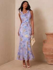 Enchnt Embroidered Cowl Neck Bodycon Dress, Romantic Elegant Summer Vacation Style Vacation Lavender - Purple - View 6