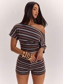SHEIN BAE 女款休閒優雅單肩T恤與迷你修身短褲兩件套，條紋套裝，街頭風，適合日常通勤、約會、派對、秋冬、夏季、婚禮、海灘、畢業、優雅、休閒、外出、Y2K - 彩色 - 查看 4