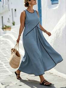Linhara Plus Size Women's Casual Round Neck Sleeveless Solid Color Dusty Blue Long Dress, Summer Vacation Outfit, Beach Elegant Fabric, Fashion Home - Blue - View 2