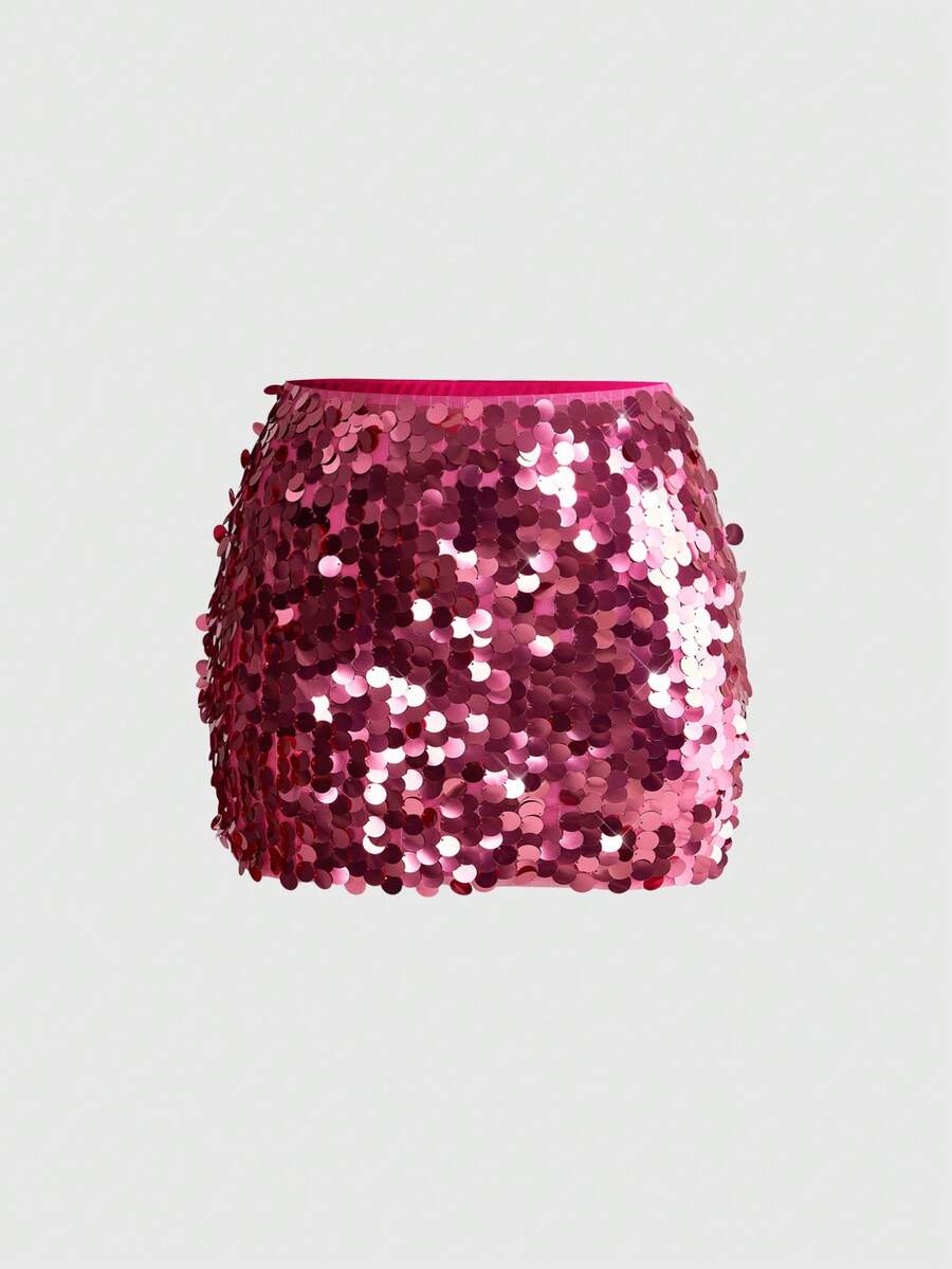 ROMWE Fairycore Falda de lentejuelas estilo fiesta talla grande - Rosa - Ver 1