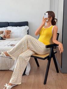 Napfluff Casual Lace Trim Tank Top & Long Pants Pajama Set - Yellow - View 3