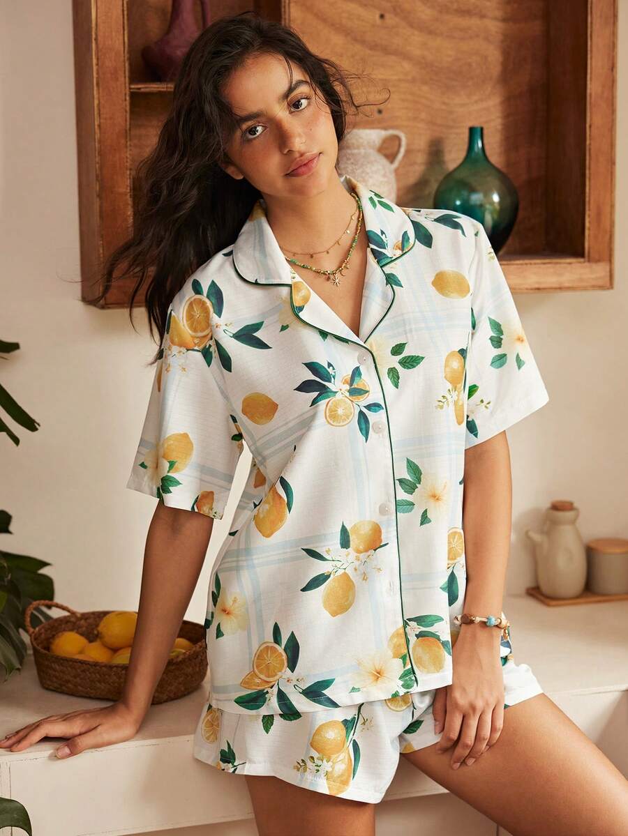 Lullawish Bohemian Fruit Plaid Print Short Sleeve Shorts Pajama Set For Women, Wearable Out - Multicolor - View 1