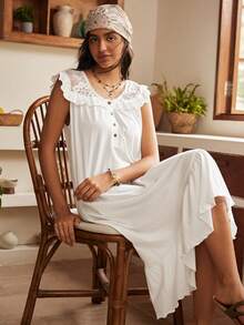 Lullawish Bohemian Comfortable Lace Patchwork Ruffle Hem Cotton Blend Loose Fit Women's Nightgown - White - View 2