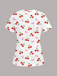 PopScrub Women's Scrub Top, Cherry Bow Print Pattern, Suitable For Work Commute, Pet Hospital - Multicolor - View 2