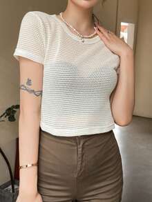 DAZY Solid Sheer Crop Top Going Out Tops - Beige - View 4