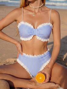 Swim Mod Women's Blue And White Striped Ruffle Swimwear Pearl Chain Shoulder Strap Bikini Set,Summer Tropical Holiday Vacation Cruise Beach Pool Party - Blue - View 1