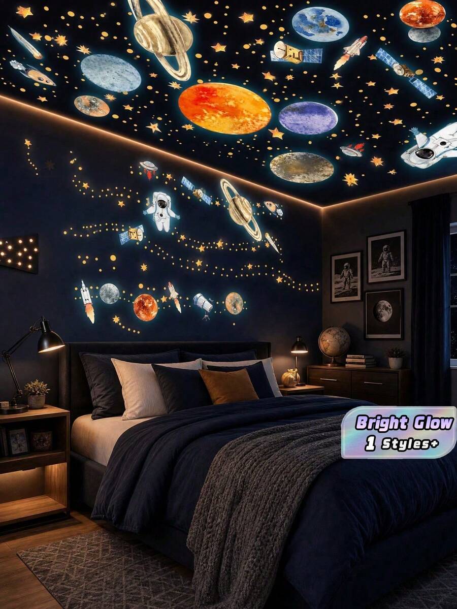 1 Set Glow-In-The-Dark Star, Planet, Mars And Space Wall Stickers Decor: Luminous Satellite, Earth, UFO, Solar System, Astronaut And Rocket Stickers, Suitable For Kids Room, Bedroom, Ceiling, Wall And Window - Self-Adhesive Removable DIY Decals - Multicolor - View 1