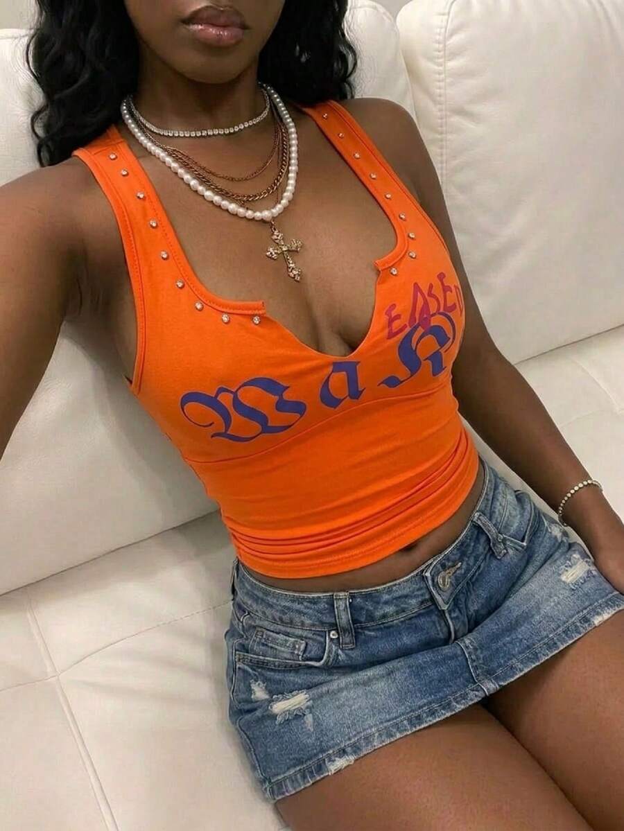 Fiercella Fiercella 女士千禧年风格Y2K黑色休闲街头风无袖上衣，饰有水钻，修身设计 - 亮橙色 - 查看 1
