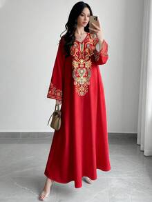 SHEIN Najma 女款阿拉伯花卉植物領印花紅色時尚V領長袖洋裝，優雅阿拉伯風服飾，春夏長洋裝 - 彩色 - 查看 5