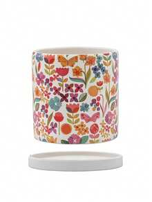 Haus Hana 1pc Cute Nordic Floral Print Ceramic Pot, Round Breathable Terracotta Planter With Drainage Hole For Succulents & Phalaenopsis - multicolor - View 9