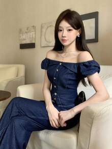 DAZY 夏季水洗藍色開學季優雅牛仔上衣直筒休閒牛仔褲套裝女款牛仔套裝 - 深色水洗藍 - 查看 9
