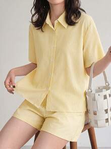 Yumoku 2pcs Women's Linen Striped Shirt & Shorts Set, Casual Summer Holiday Wear,Casual - Yellow - View 5