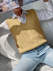 SHEIN PariChic Women's Solid Color Casual Versatile Daily Wear Knitted Vest - Camel - View 4