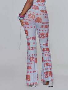 MUSERA 網格圖案印花雙層低腰裙褲 抽褶細節喇叭褲 春夏度假 伊比薩節慶 Y2K Psyche 風格 - 紅色 - 查看 4