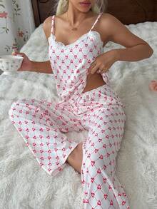 CottageSlumber Women's All-Season Knit Ribbed Heart Print Lace Trim Sweet Sexy Fashion Camisole & Long Pants Set, Can Be Worn Outdoors - Red and White - View 3
