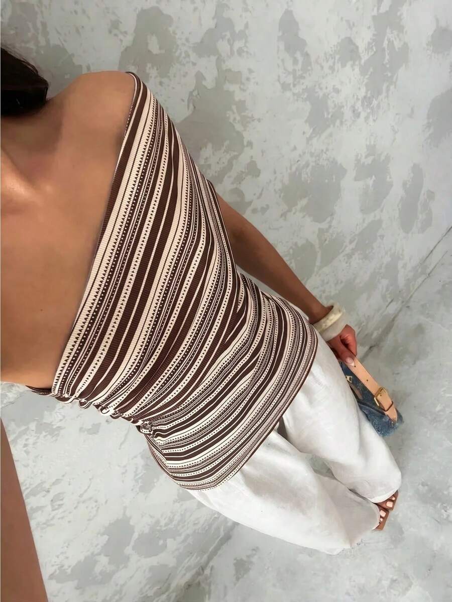 Glamine Women's Summer Vacation Asymmetric One Shoulder Diagonal Neckline Ruched Fitted Striped Sleeveless Top - Coffee Brown - View 1