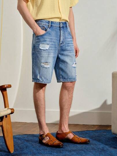 VeloEdit Men Summer Slant Pocket Washed Ripped Denim Shorts Plain Jorts Light Blue Going Out Hang Commute Vacation Street Old Money Style Gift And Jort