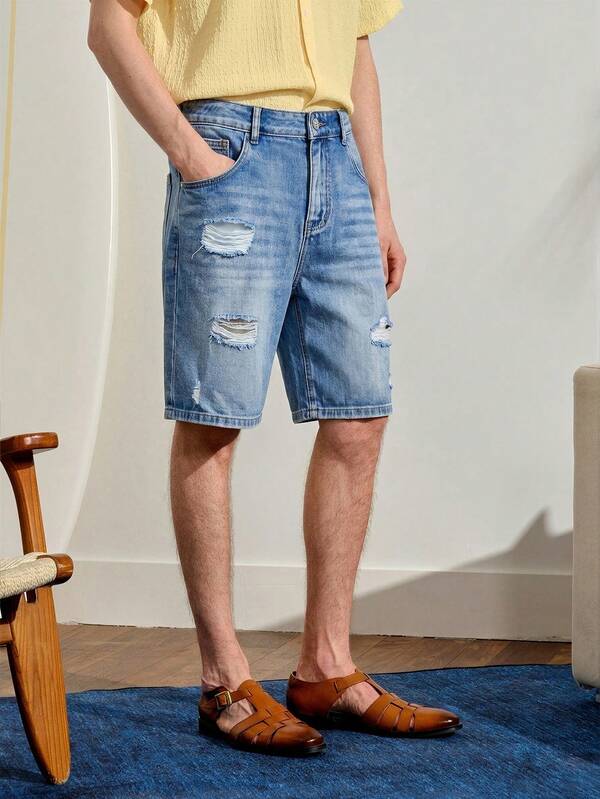 VeloEdit Men Summer Slant Pocket Washed Ripped Denim Shorts Plain Jorts Light Blue Going Out Hang Commute Vacation Street Old Money Style Gift And Jort