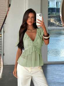 Aloruh Blusa bohemia de unicolor con cuello en V y volantes para mujer - Verde Oliva - Ver 3