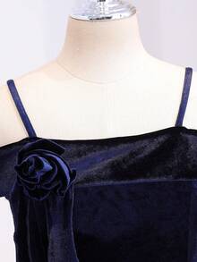 女童天鵝絨長洋裝，藍色天鵝絨正式禮服，秋冬款 - 藍色 - 查看 7