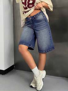 EURMUSE Lässige, Washed wirkende, weite Denim Shorts - Mittele Waschung - Übersicht 6