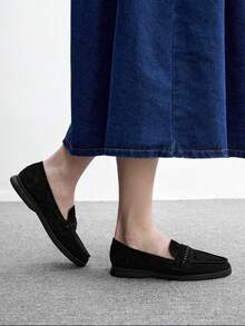 CUCCOO BIZCHIC 時尚杏色麂皮麻繩平底舒適通勤女式平底鞋樂福鞋，適合戶外度假購物上班日常穿搭百搭平底女鞋 - 黑色 - 查看 10