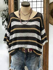 EMERY ROSE Plus-Size Round-Neck Knit Top With Contrast Stripes, Cutout & Crochet Details. Loose Fit, Simple & V - Black - View 4