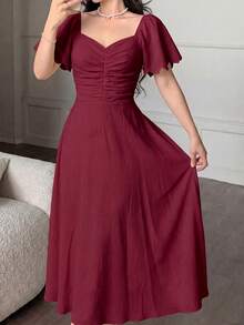 Modelyn Women's Spring/Summer Yellow Woven Short Sleeve Cinched Waist A-Line Burnout Pleated Elegant Romantic Mid-Length Dress - Burgundy - View 4