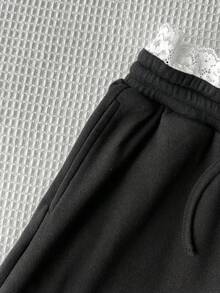 SHEIN Tween女孩休閒簡約舒適中腰針織抓絨腰帶長褲，蕾絲飾邊抽繩設計，直筒褲腿，中厚度，黑色，適合秋冬季節，返校穿搭 - 黑色 - 查看 8