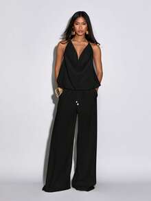 Normani Women's Solid Color Halter Tie Backless Top And Wide Leg Pants Casual Sexy Daily 2-Piece Set Club Night Out Vacation Black Summer - Black - View 7