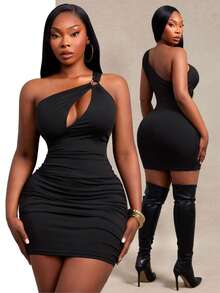 SHEIN SXY Plus Size Women Solid Color One Shoulder Metal Decor Pleated Sexy Date Rave Dress Black Summer - Black - View 3