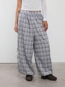 COUREZ Pinstripe Low Rise Tailored Baggy Balloon Trousers With Tie Side Detail / Y2K Fall Cute Check Bottoms Party Rave Rave Outfits Pants For Women Black - Black - View 2