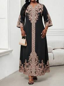 SHEIN Lady Black High End Plus Size Long Sleeve Embroidered Dress For Women Fall - Black - View 6