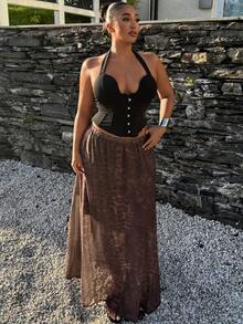 Dazy Plus Falda larga recta de gasa con estampado de leopardo, cintura elástica, estilo versátil para playa, vacaciones y formal, falda marrón para mujer talla grande, casual bohemio de otoño - Marrón - Ver 7