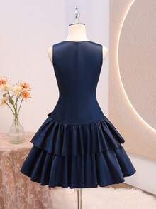 Tween Girls Back To School Semi-Formal Navy Blue Slvless Rnd Neck Hi Waist Layered Ruffle Bow Dress Sixth Form,Graduation,Party - Navy Blue - View 2
