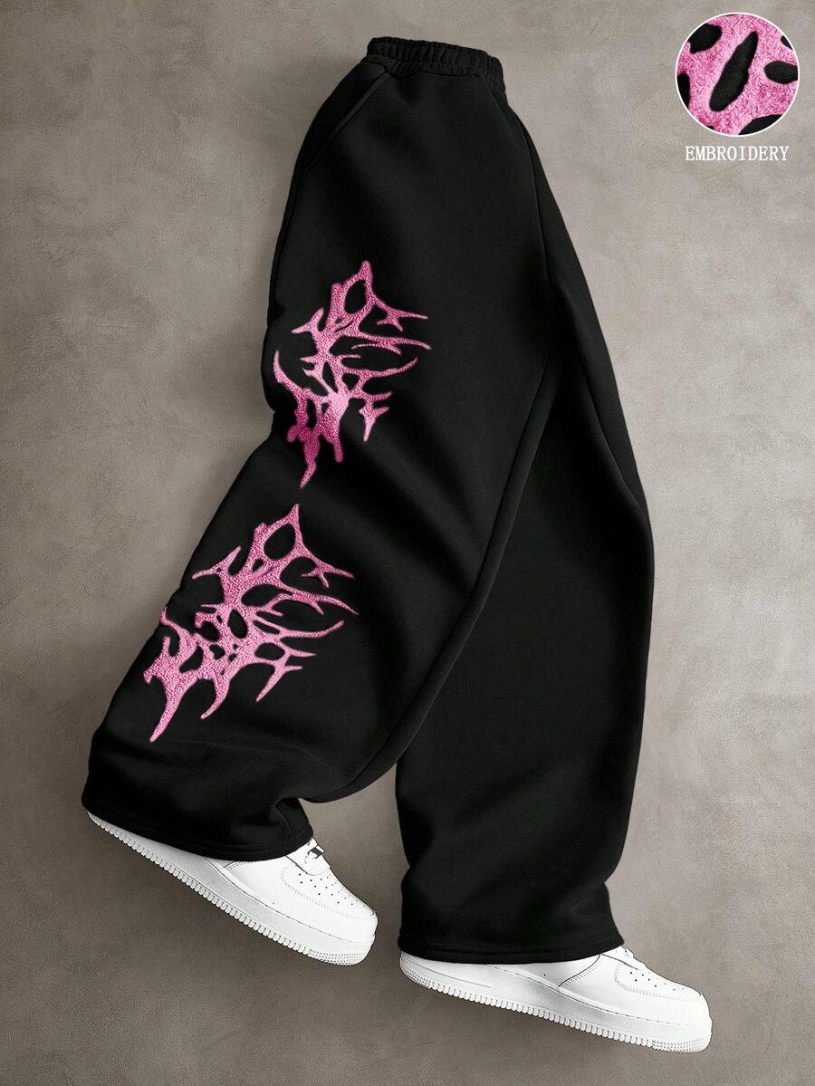 PAVTROS 男士街頭風熱銷深色街頭刺繡 3D 刺繡日常穿搭百搭男友丈夫禮物週年紀念禮品粉色運動長褲 - 黑色 - 查看 1
