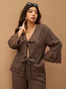 Elaquor Plus Size Boho Casual Elegant Vacation Solid Color Embroidered Patchwork Women's 2 Pieces Set Shirt + Pants Fall Formal Brown Brunch Party Evening - Mocha Brown - View 6