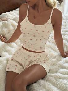 CottageSlumber 2pcs Ditsy Floral Camisole And Shorts Pajama Set, Sweet And Comfortable For Summer - Apricot - View 1