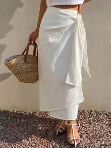 Livesso Fall Loose Casual Fashion Design Cinched Waist Drawstring Business Commute Street Vacation Off-White Women's Skirt Beach - White - View 2