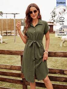 SHEIN LUNE 女款休閒夏季度假通勤日常基礎時尚外出穿搭短袖軍綠色中長洋裝 - 軍綠色 - 查看 3