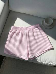 SHEIN EZwear 3件組棕色波點、白色、粉色與白色條紋女款休閒中腰寬鬆短褲，適合夏季 - 彩色 - 查看 6