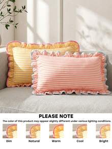 1 Piece, Pink Striped Pillow Cover, Ruffle Trim, Contrasting Colors, College Style, Pastoral Style Waist Pillowcase, Sofa Dormitory Room Decoration - Yellow - View 9