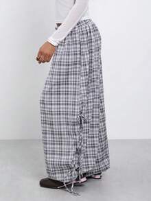 COUREZ Pinstripe Low Rise Tailored Baggy Balloon Trousers With Tie Side Detail / Y2K Fall Cute Check Bottoms Party Rave Rave Outfits Pants For Women Black - Black - View 5